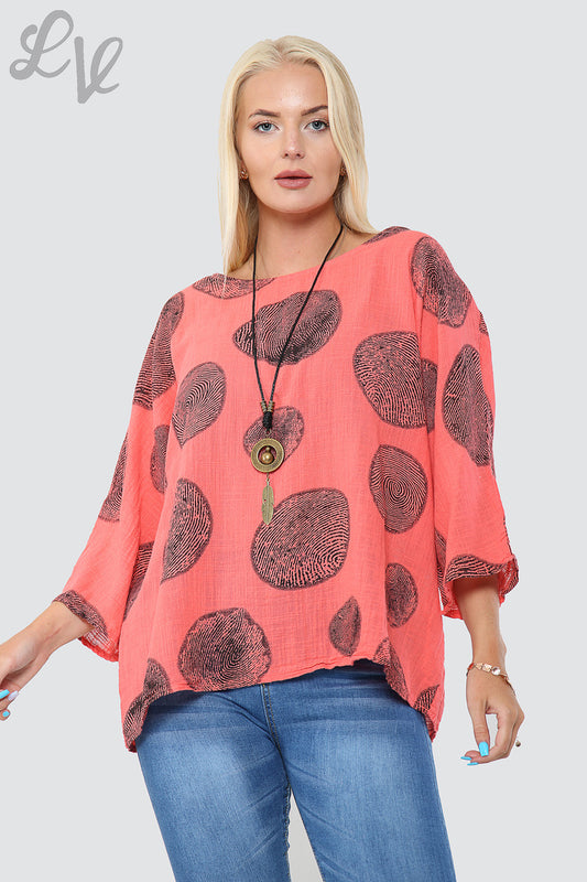 Ladies Tree Root Print Top With Necklace Coral