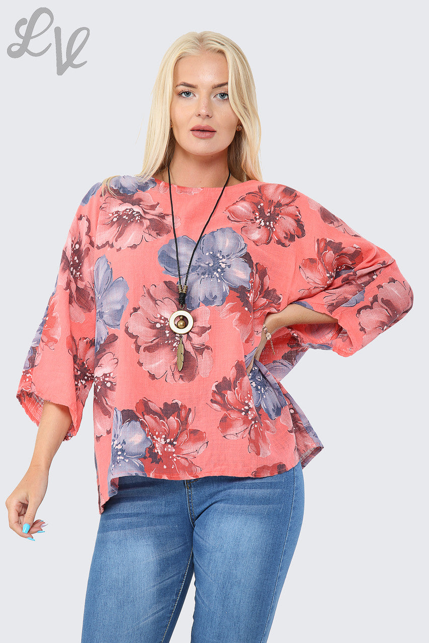 Ladies Flower Print Top With Necklace Coral - Unit Price £9.99