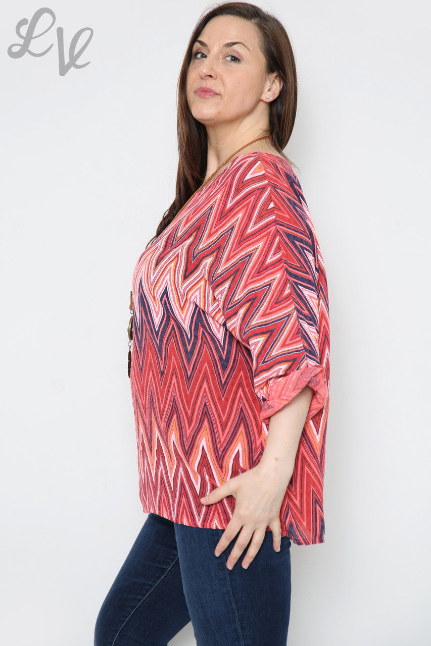 Dames top met zigzagprint en ketting koraal Stukprijs € 8,99