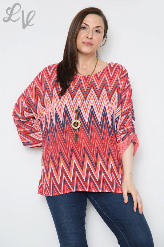 Ladies Zig Zag Print Top With Necklace Coral Unit Price £8.99