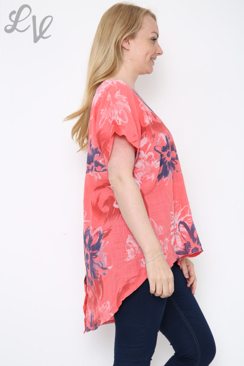 Ladies Flower Abstract Print Top Coral Unit Price £10.99
