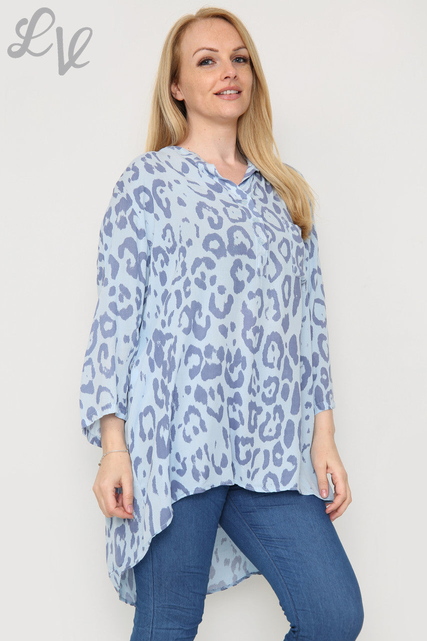 Damesblouse met dierenprint en langere lengte spijkerstof Eenheidsprijs € 8,99