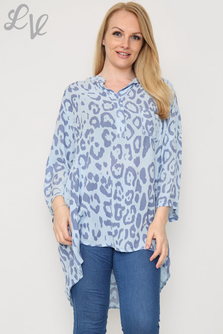 Damesblouse met dierenprint en langere lengte spijkerstof Eenheidsprijs € 8,99