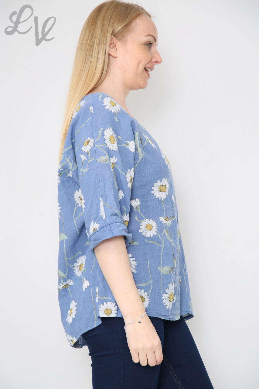 TOP MET DAISY-PRINT EN DENIM