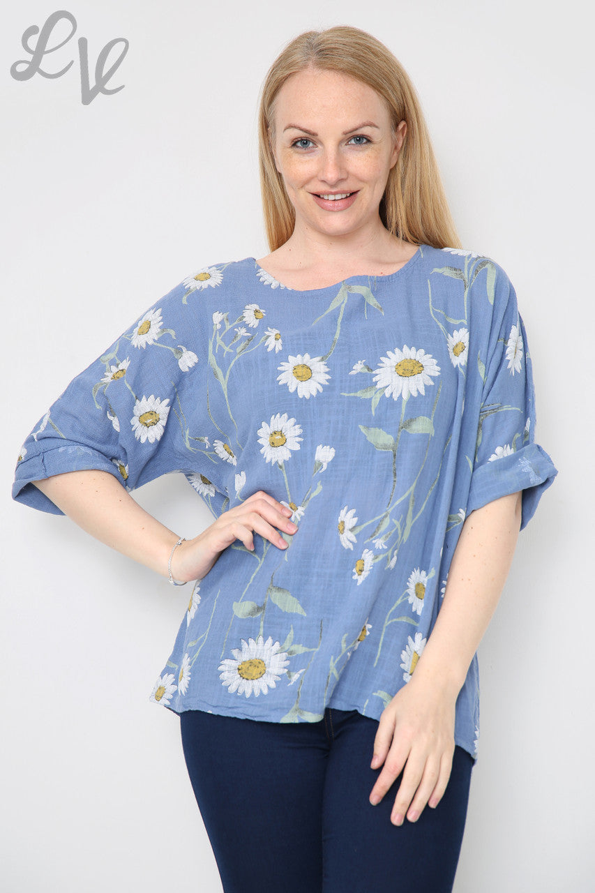 TOP MET DAISY-PRINT EN DENIM