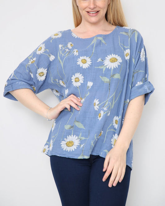 DAISY STEM PRINT TOP DENIM