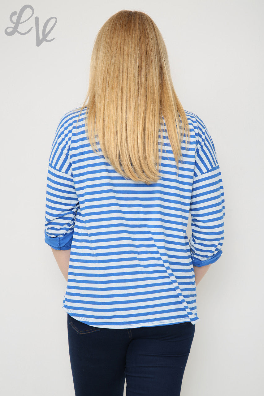 Ladies Striped Roll Sleeve Top Blue Unit Price £4.99