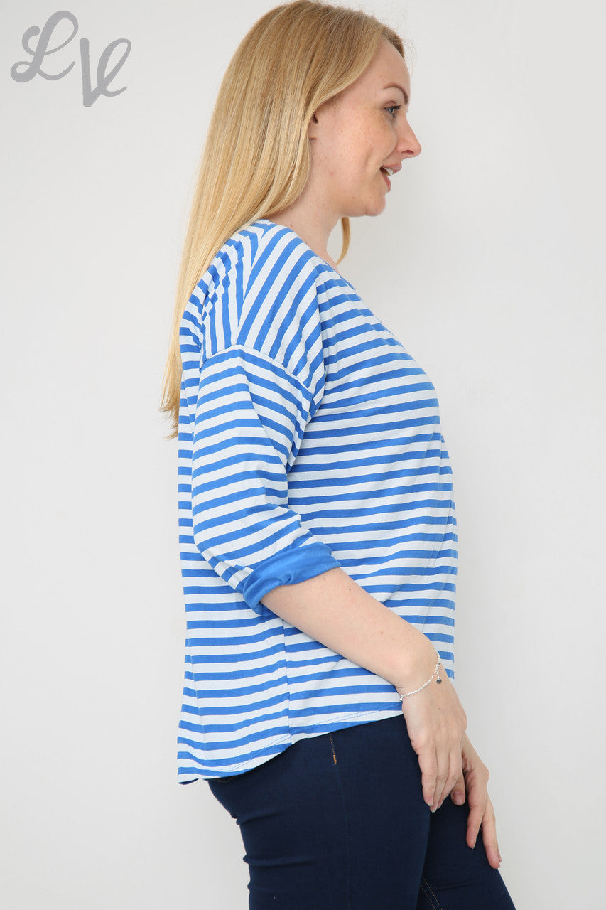 Ladies Striped Roll Sleeve Top Blue Unit Price £4.99