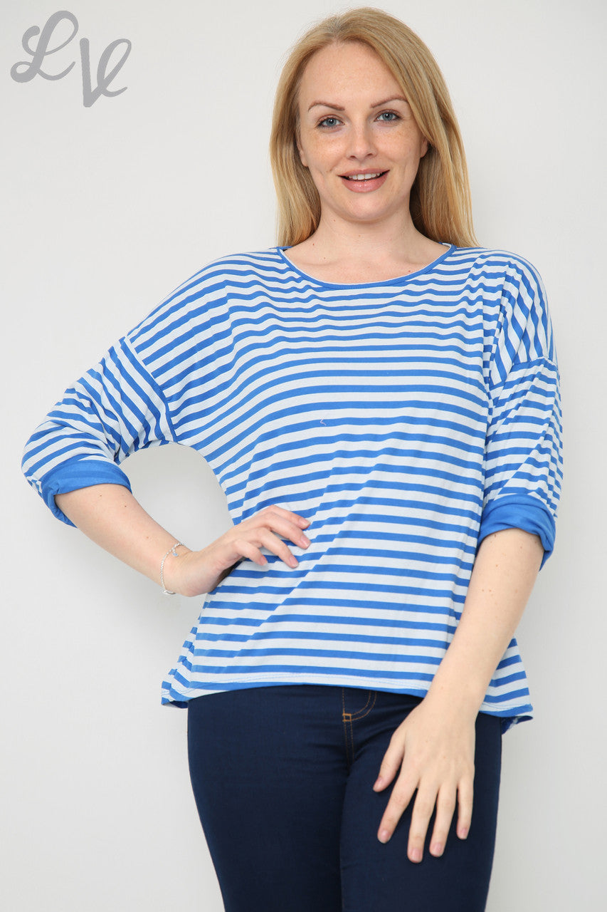 Ladies Striped Roll Sleeve Top Blue Unit Price £4.99