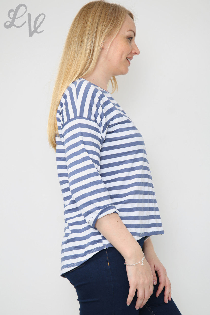 Dames gestreept topje met oprolbare mouwen Denim Prijs WAS €8,99 NU €5