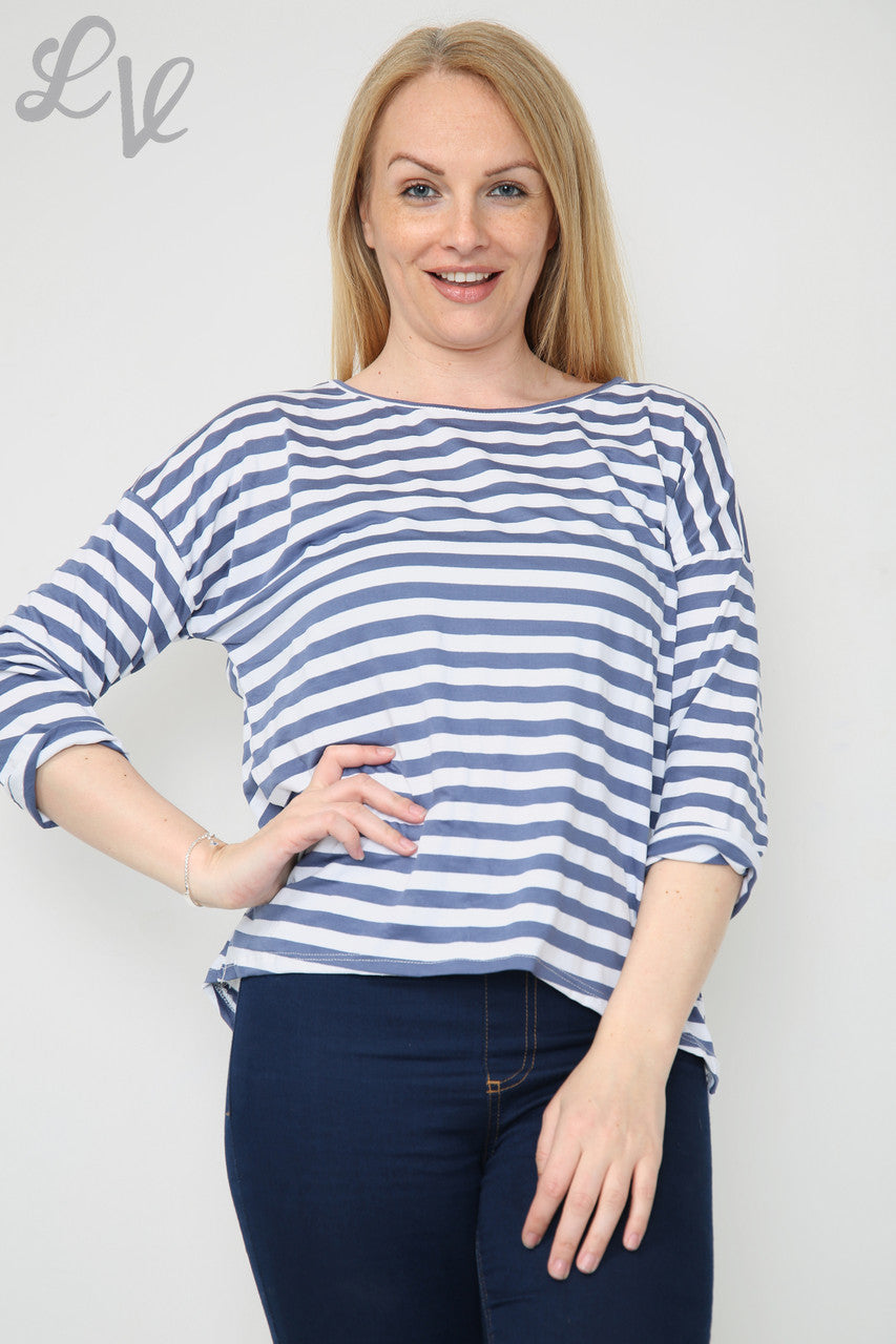 Dames gestreept topje met oprolbare mouwen Denim Prijs WAS €8,99 NU €5