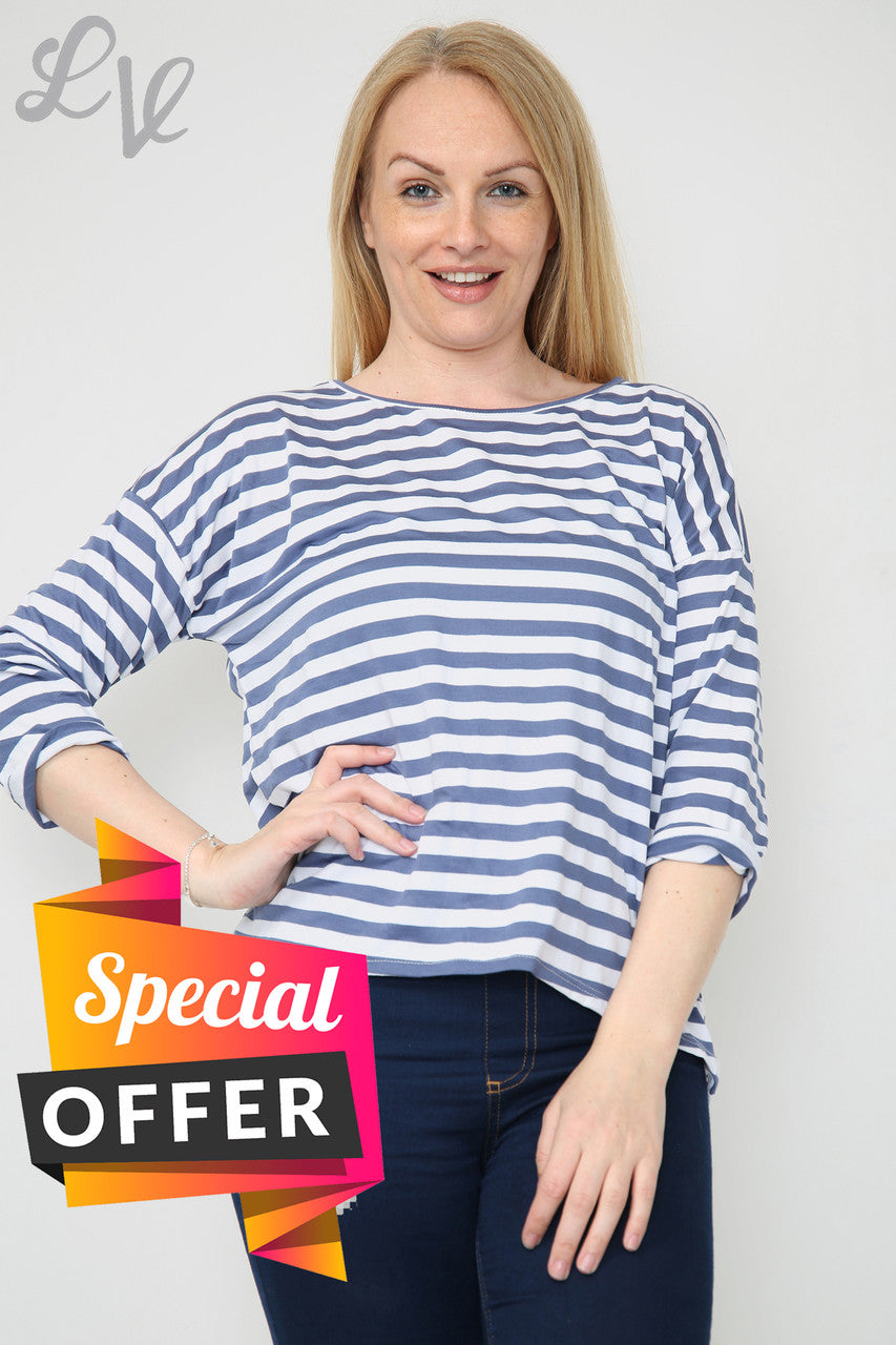 Dames gestreept topje met oprolbare mouwen Denim Prijs WAS €8,99 NU €5