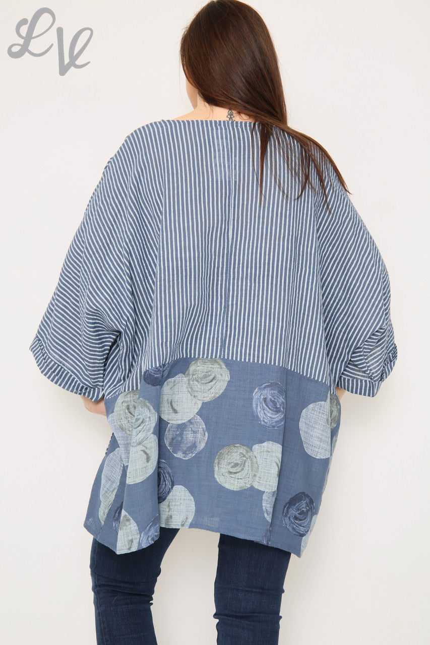 Dames Top Met Strepen & Cirkels Print Denim Stukprijs € 8,99