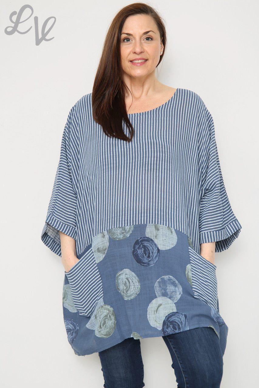 Dames Top Met Strepen & Cirkels Print Denim Stukprijs € 8,99