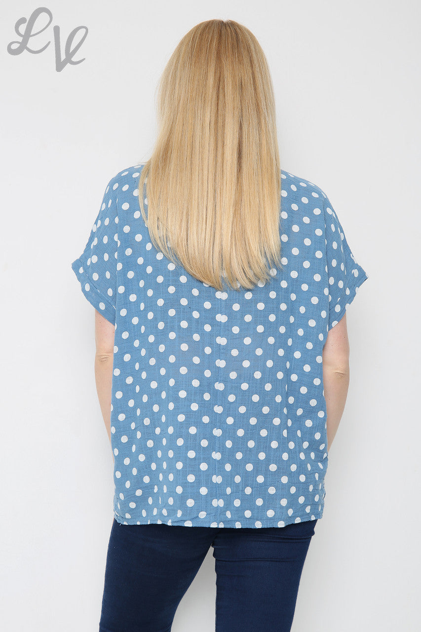 Dames Top Met Polkadotprint En Spijkerstof Normale Prijs €7,99