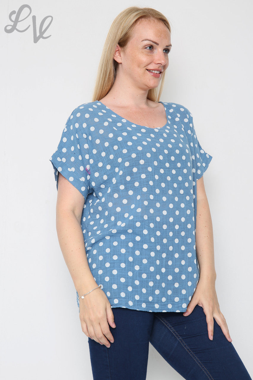 Dames Top Met Polkadotprint En Spijkerstof Normale Prijs €7,99