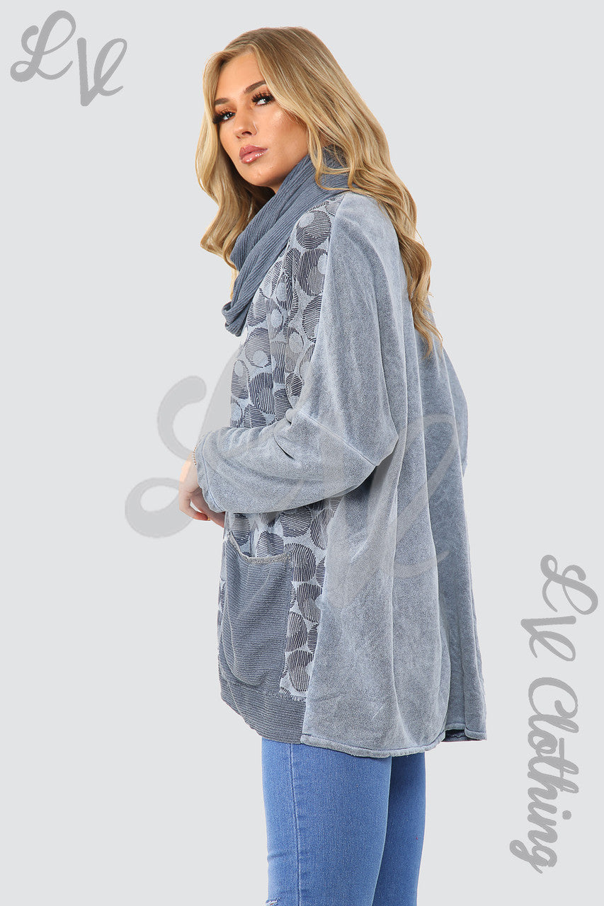 Ladies Circle Print Oversized Top With Scarf  Denim - Unit Price £16.99