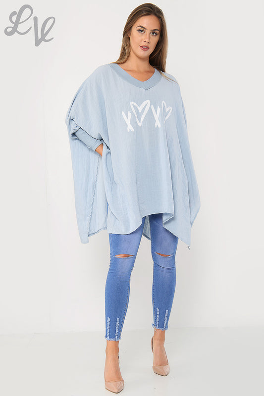 Ladies Love Heart & Cross Graphic Batwing Top Denim - Unit Price £9.99