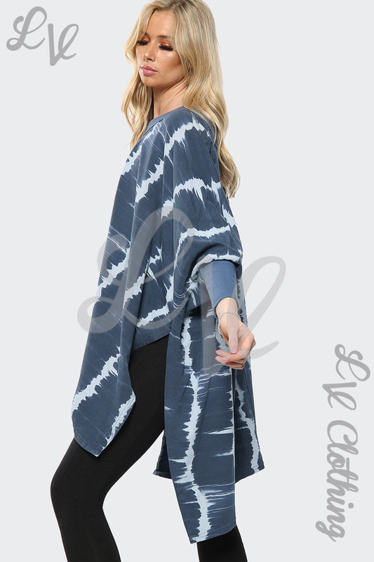 Tie-dye oversize top, navy and white, side drape, 3/4 sleeves, loose fit