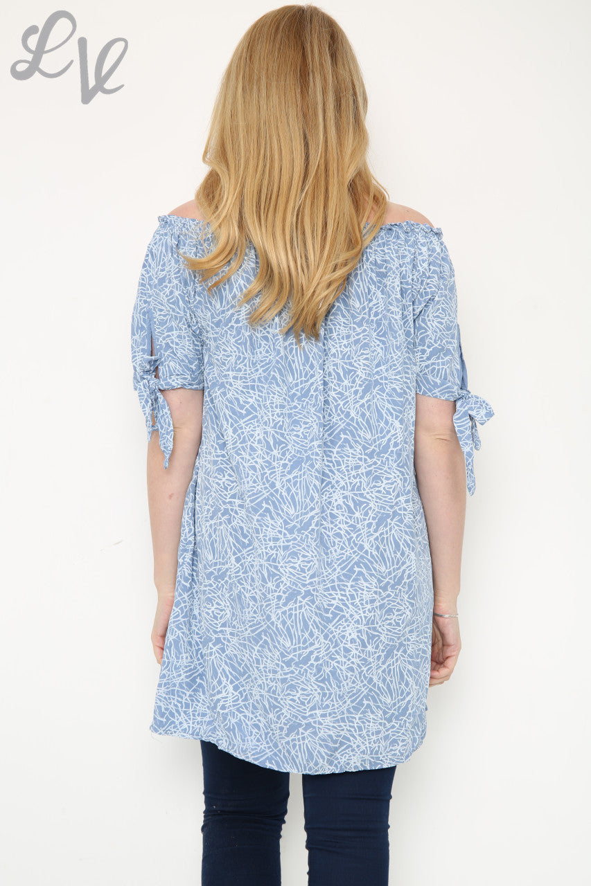 Dames Off-Shoulder Bedrukte Top Denim Prijs per stuk € 12,99