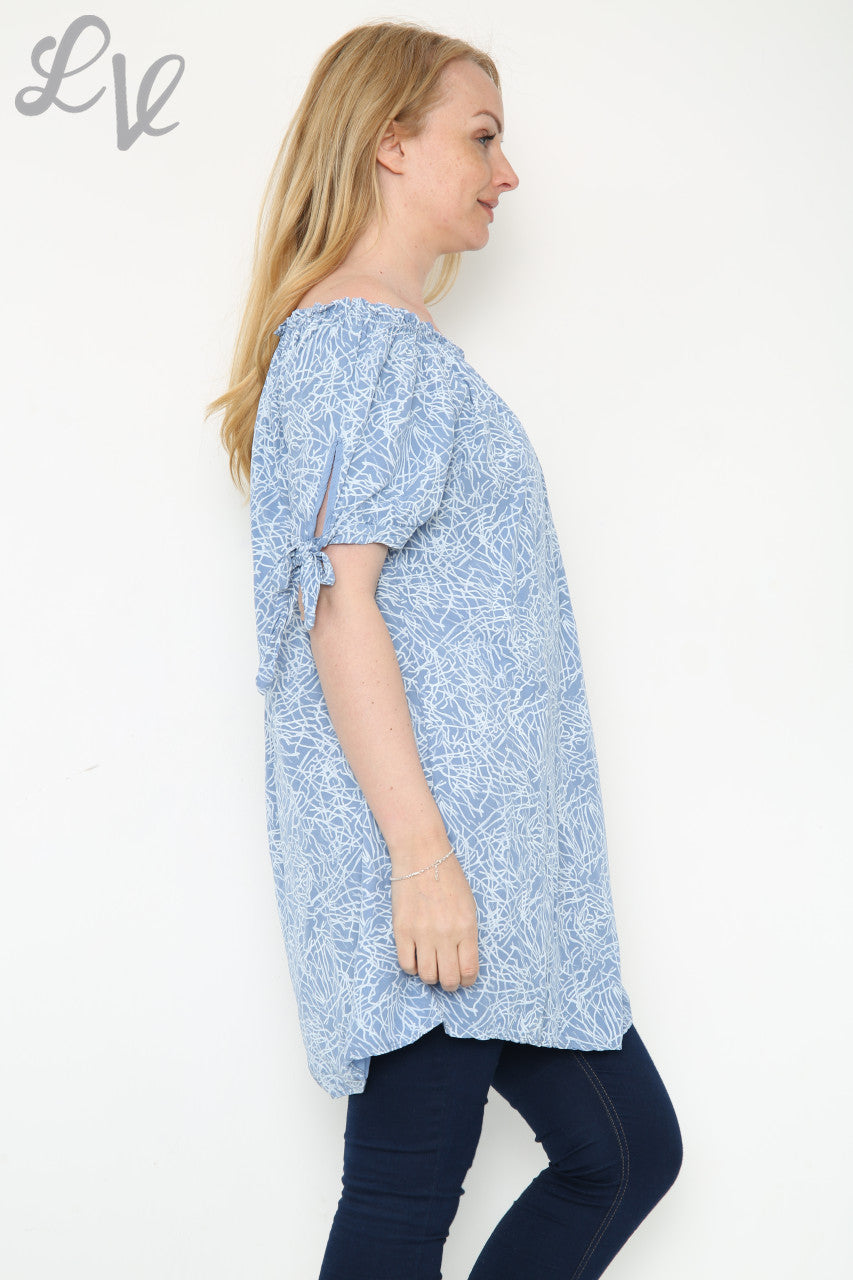 Dames Off-Shoulder Bedrukte Top Denim Prijs per stuk € 12,99