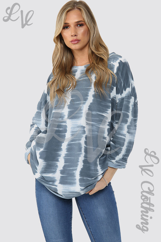 Ladies tie-dye sweatshirt top, blue and white swirl print, crew neck, long sleeves