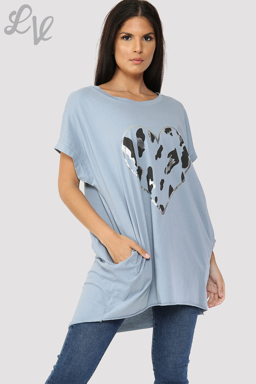 Ladies Foil Heart Graphic Tunic Top Denim - Unit Price £8.99