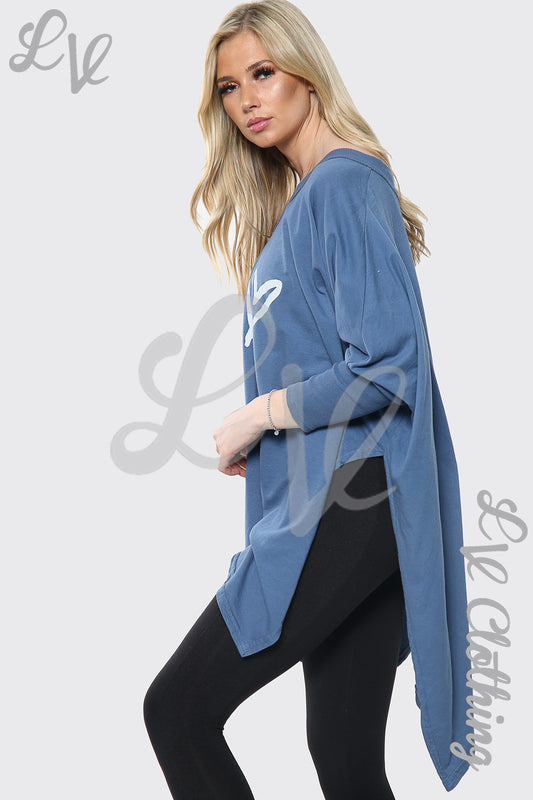 Denim-blue baggy tunic top, V-neck, long sleeves, heart-and-X print