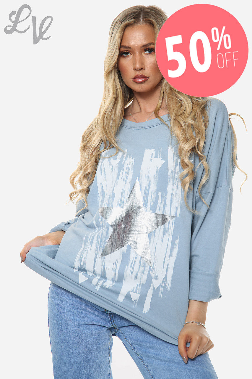 Ladies Foil Star Paintsplash Top Denim Unit Price WAS £13.99 NOW £6.99