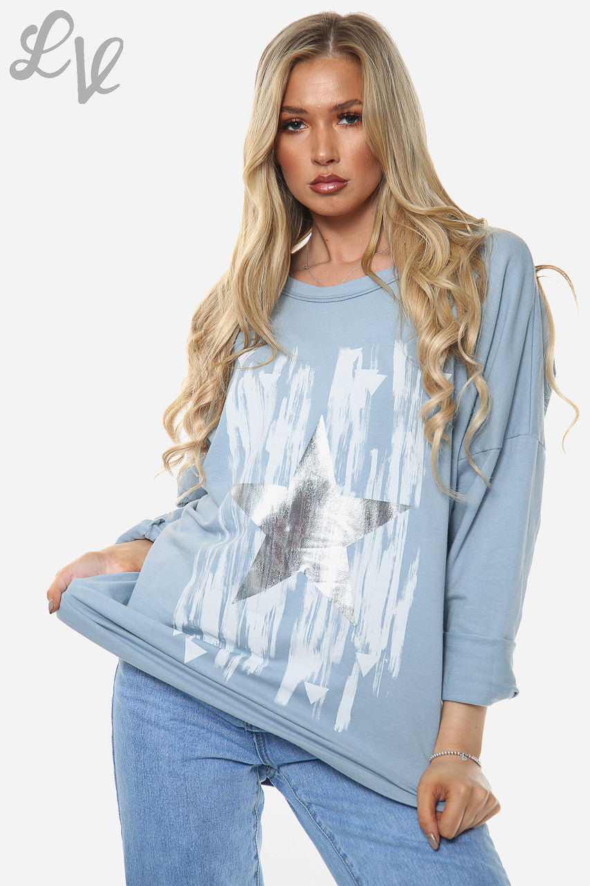 Ladies Foil Star Paintsplash Top Denim Unit Price WAS £13.99 NOW £6.99
