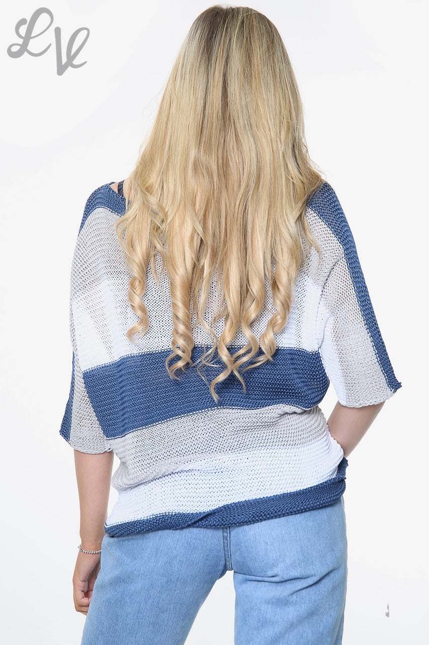 Dames colour block fijn gebreide top spijkerstof per stuk € 9,99