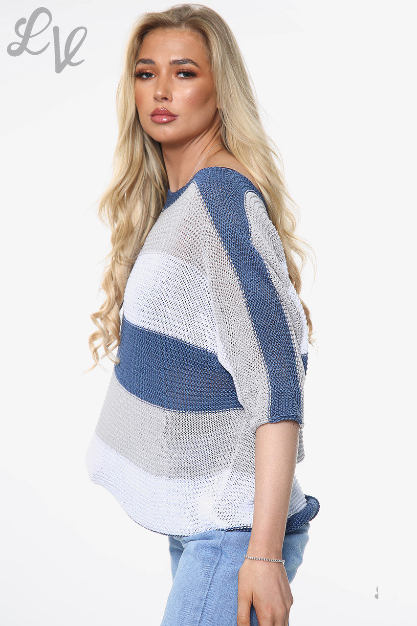Dames colour block fijn gebreide top spijkerstof per stuk € 9,99