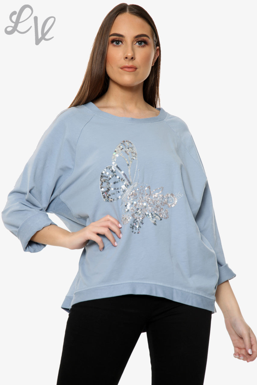 Dames Top Met Pailletten Vlinderdetail Denim Eenheidsprijs WAS €13,99 NU €6,99