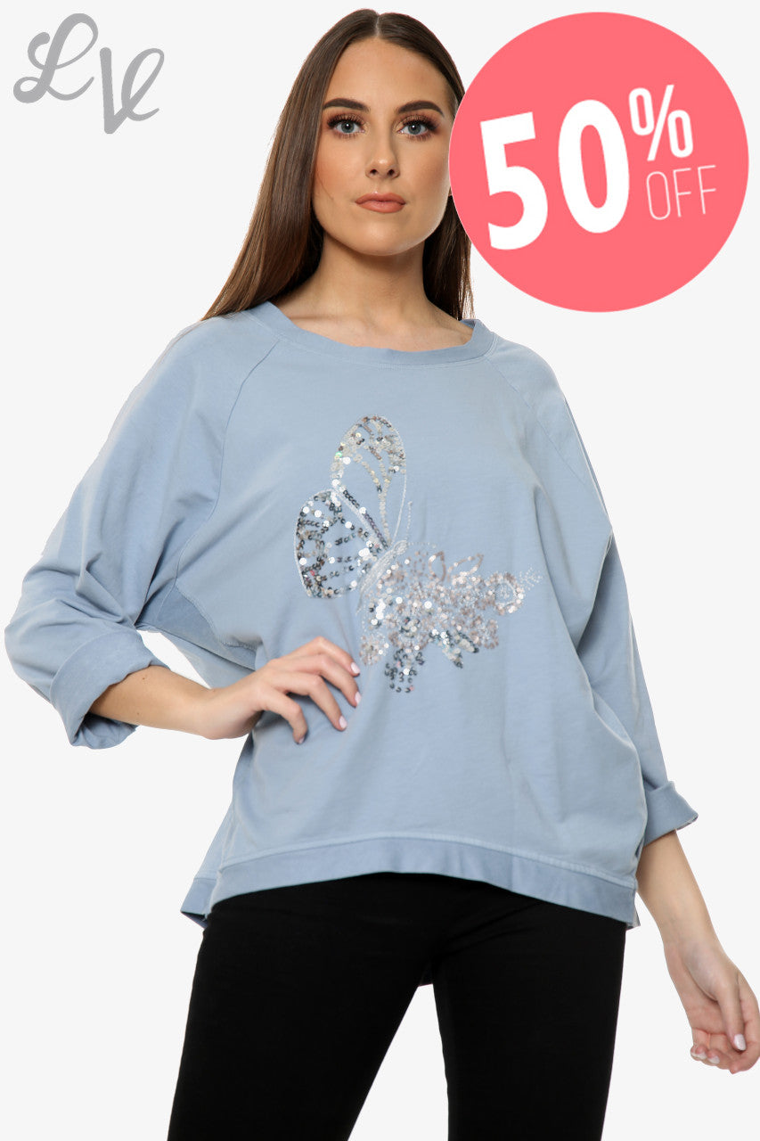 Dames Top Met Pailletten Vlinderdetail Denim Eenheidsprijs WAS €13,99 NU €6,99