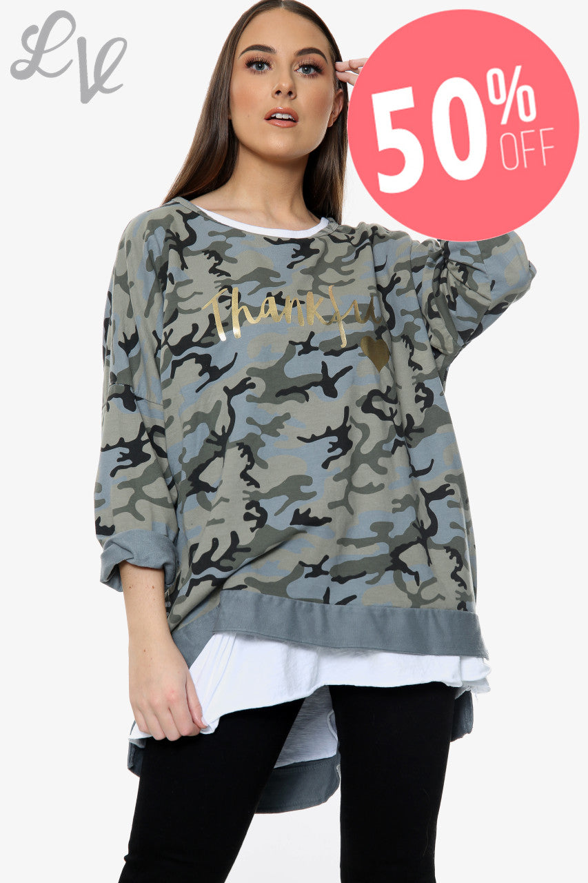 Ladies Thankful Script Camouflage Sweatshirt Denim Unit Price WAS £13.99 NOW £6.99