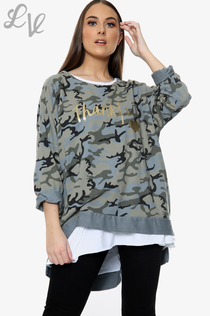 Ladies Thankful Script Camouflage Sweatshirt Denim Unit Price WAS £13.99 NOW £6.99