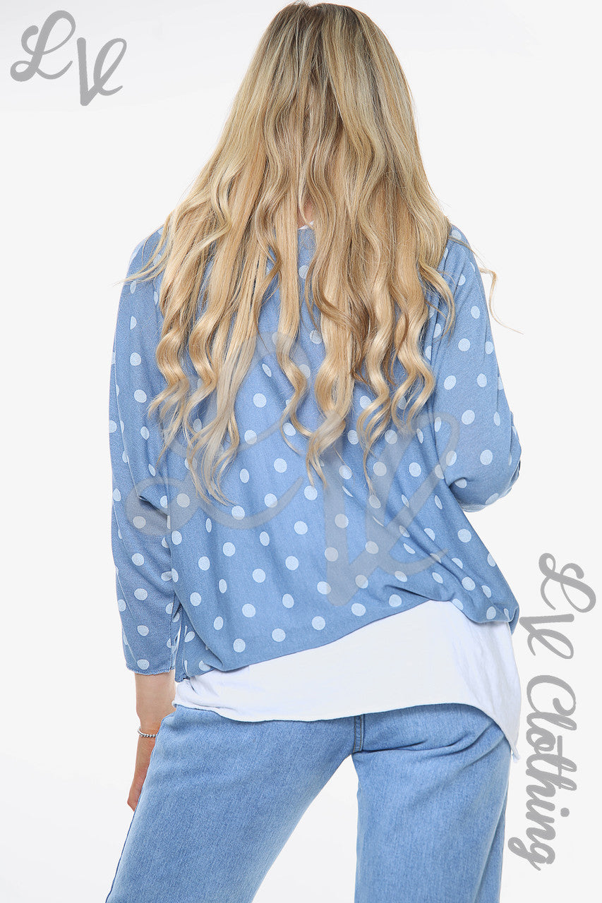 Ladies Polka Dot Print 2 Layer Top With Scarf Denim Unit Price WAS £13.99 NOW £6.99