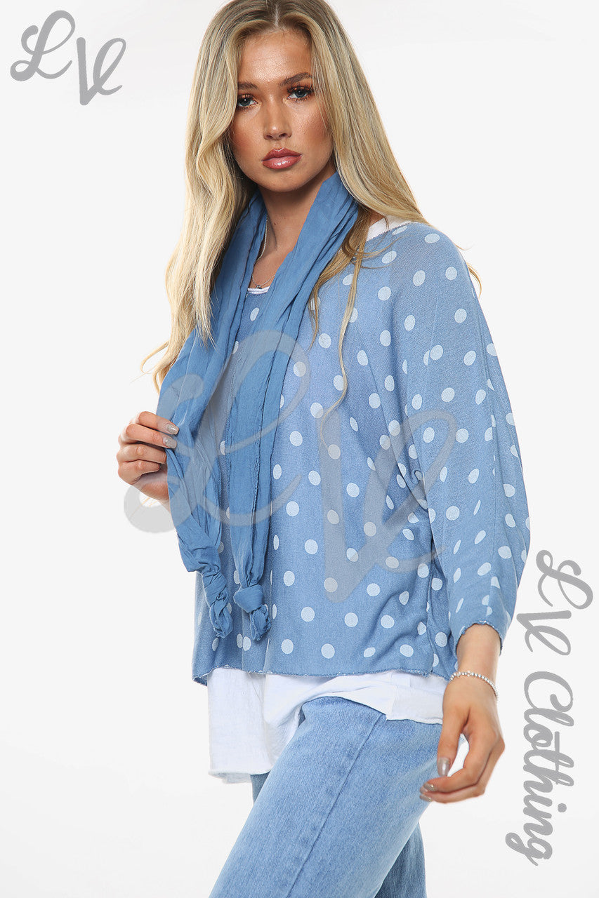 Ladies Polka Dot Print 2 Layer Top With Scarf Denim Unit Price WAS £13.99 NOW £6.99