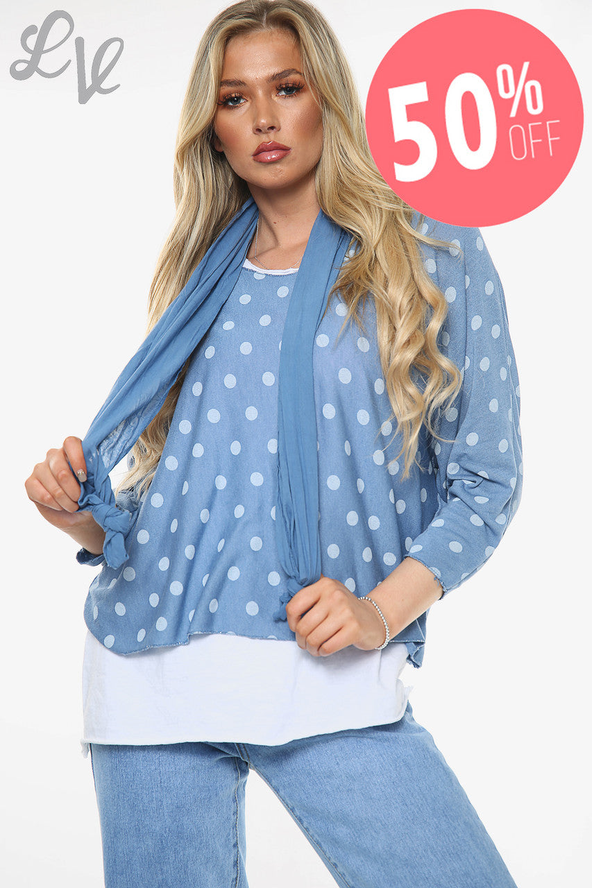 Ladies Polka Dot Print 2 Layer Top With Scarf Denim Unit Price WAS £13.99 NOW £6.99