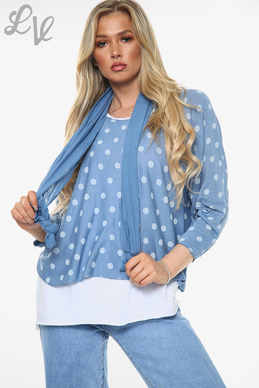 Ladies Polka Dot Print 2 Layer Top With Scarf Denim Unit Price WAS £13.99 NOW £6.99