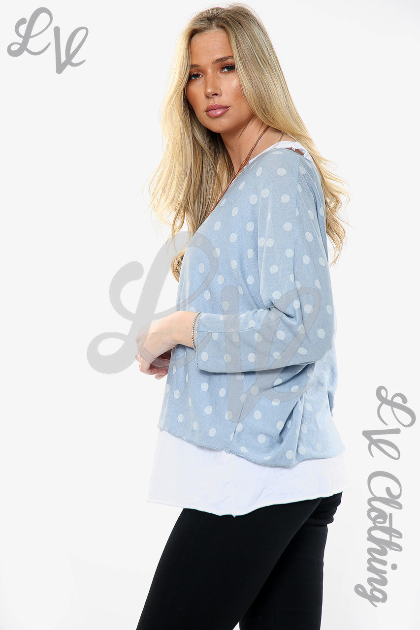 Ladies Polka Dot Print 2 Layer Top With Necklace Denim Unit Price WAS £13.99 NOW £6.99
