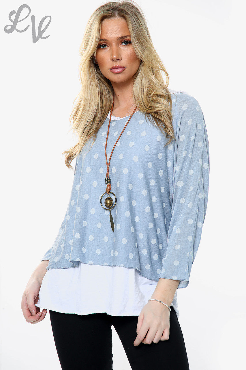 Ladies Polka Dot Print 2 Layer Top With Necklace Denim Unit Price WAS £13.99 NOW £6.99