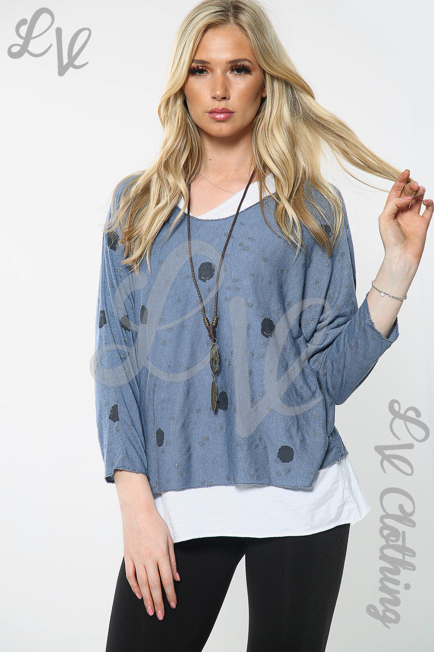 Dames top met dubbele laag, stippenprint en halsketting Denim per stukprijs €12,99