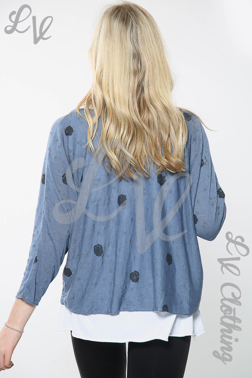 Dames top met dubbele laag, stippenprint en halsketting Denim per stukprijs €12,99