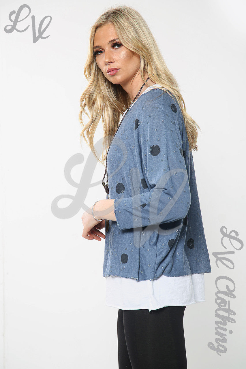 Dames top met dubbele laag, stippenprint en halsketting Denim per stukprijs €12,99