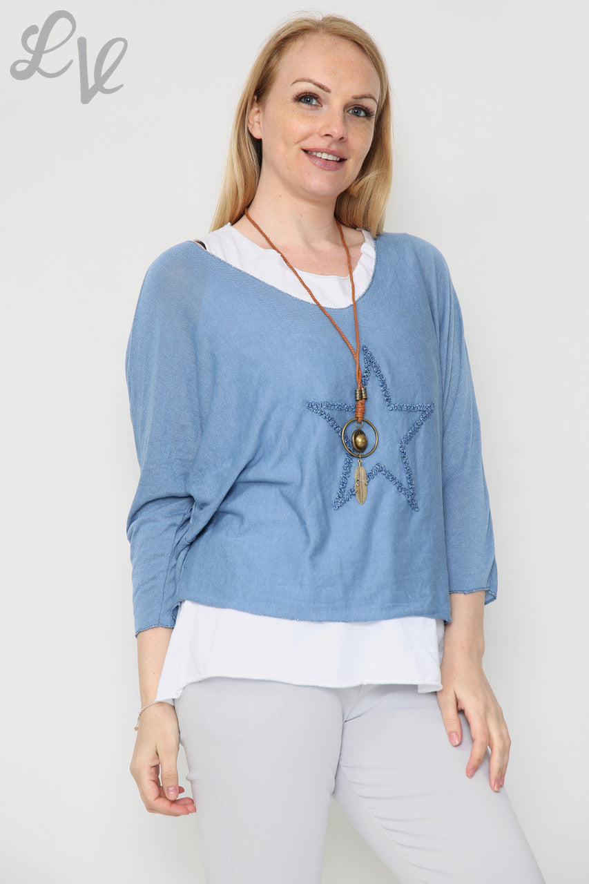Dames Glitter Ster 2 Laags Top Met Ketting Denim Prijs per stuk £8,99