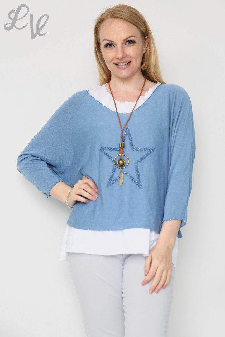 Dames Glitter Ster 2 Laags Top Met Ketting Denim Prijs per stuk £8,99