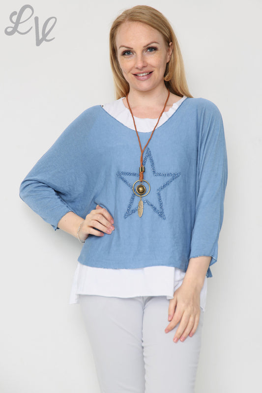 Ladies Glitter Star 2 Layer Top With Necklace Denim Unit Price £8.99