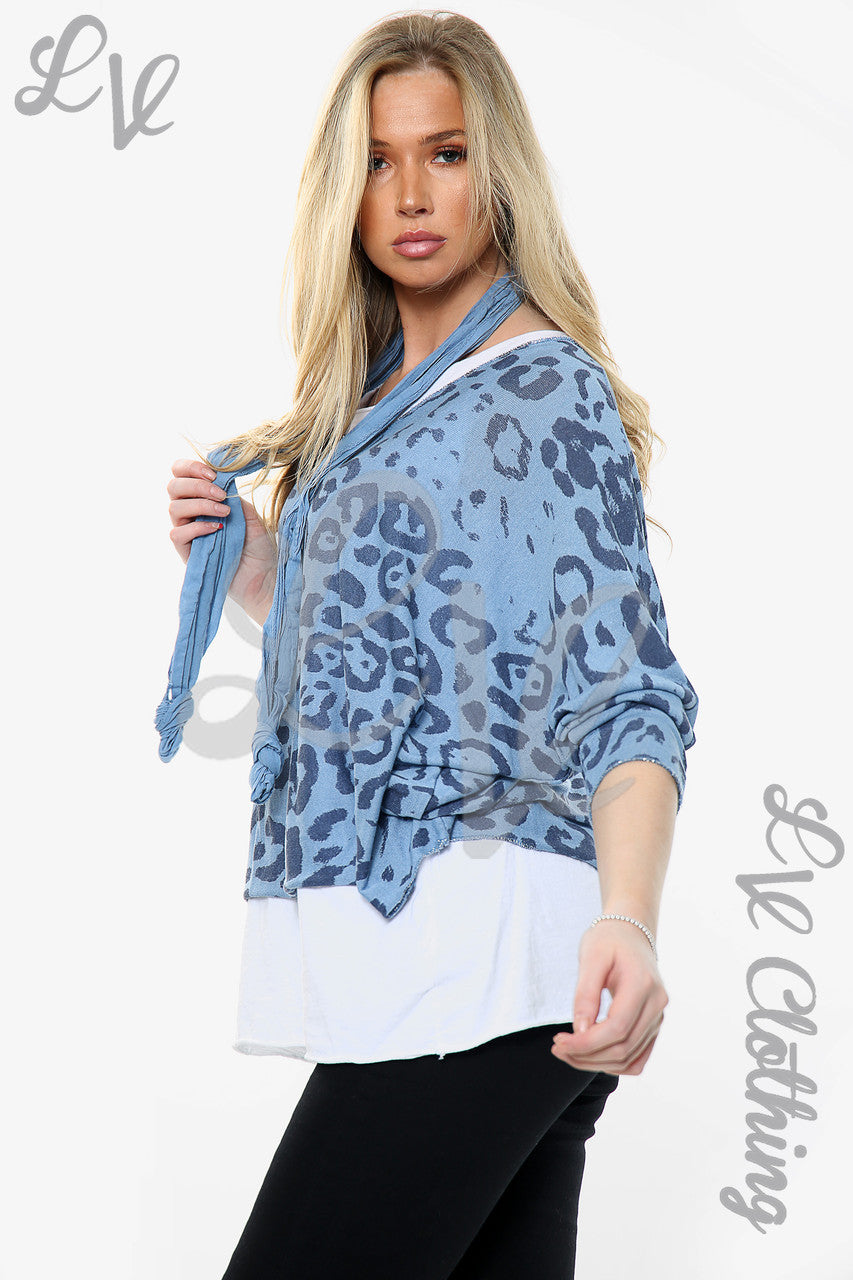 Dames Top met Luipaardprint en bijpassende Sjaal Denim Normale prijs € 13,99 NU € 6,99