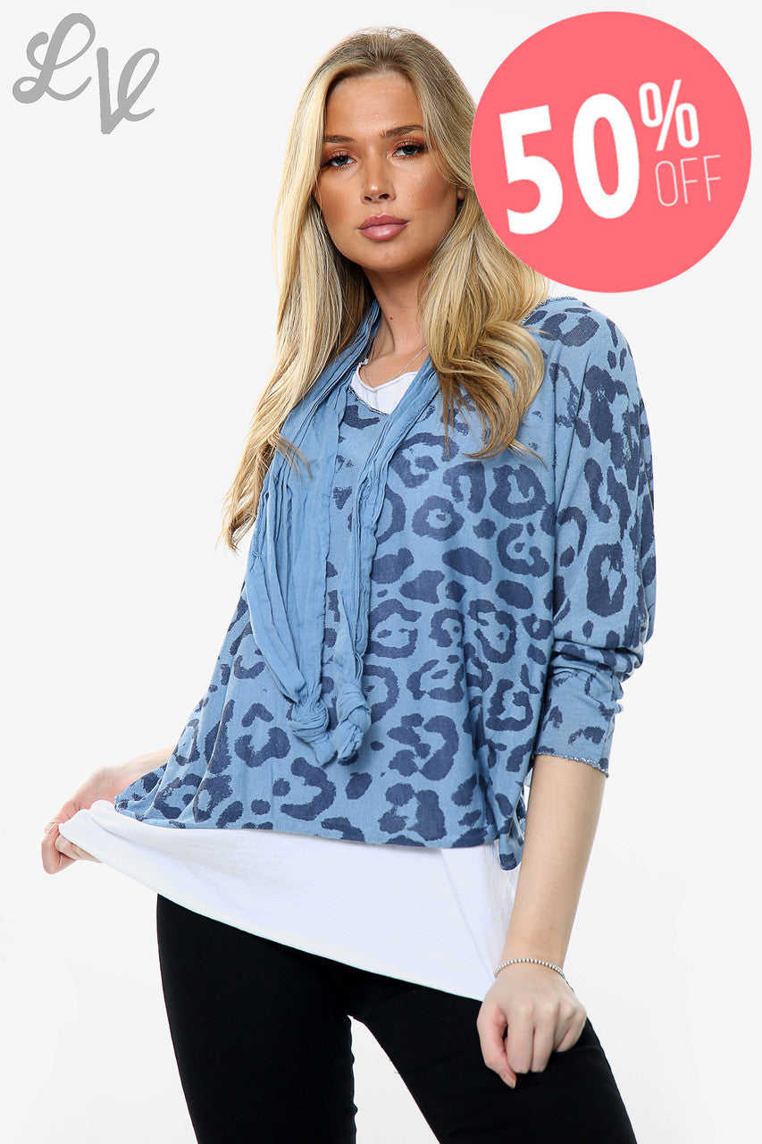 Dames Top met Luipaardprint en bijpassende Sjaal Denim Normale prijs € 13,99 NU € 6,99